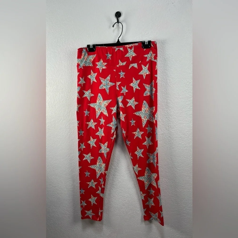 LuLaRoe Women’s Red Blue Star Pattern Leggings Sz OS Casual Effortless Retro